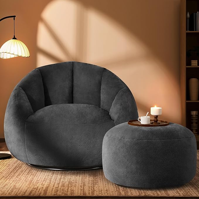 Sofina™ | Swivel Bean Bag with Footrest – Pure Comfort